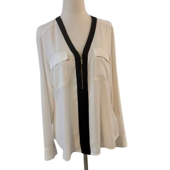 Express Portofino Blouse Medium White Black Trim Zip Front Long Sleeve Top - Picture 1 of 8